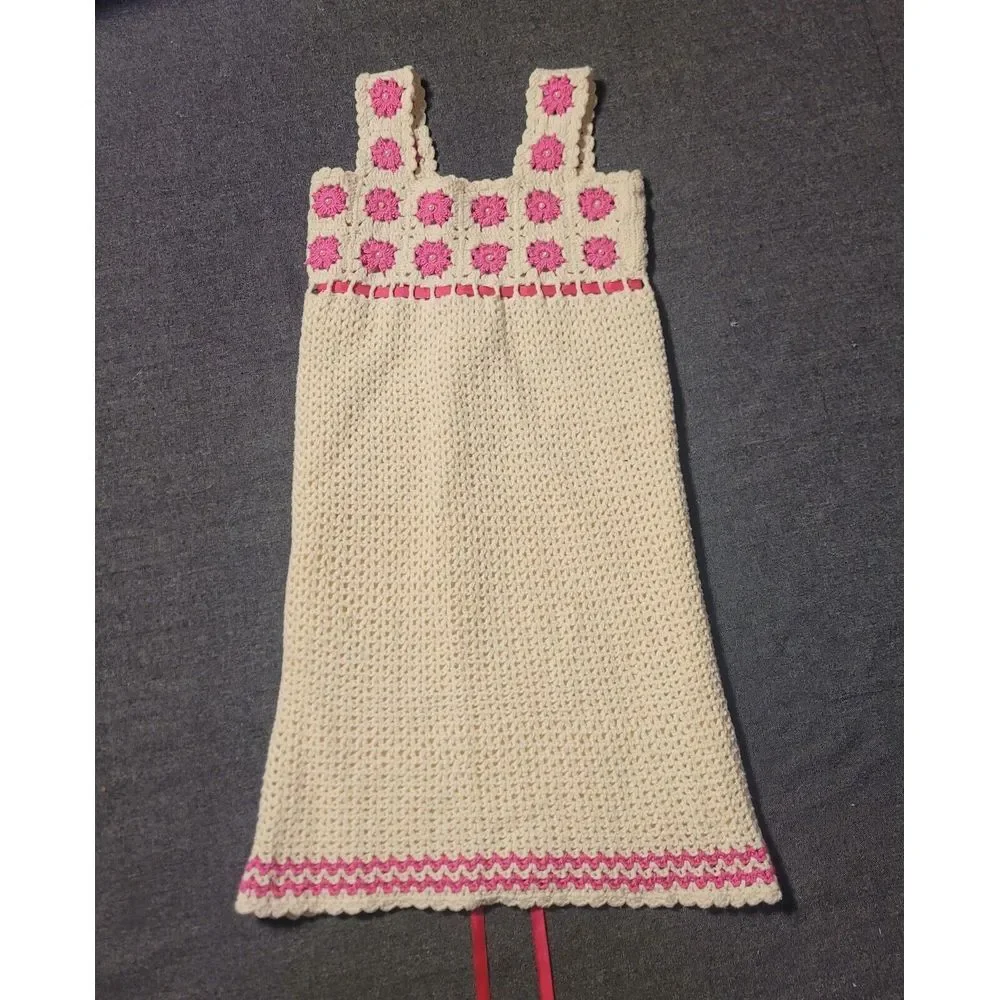 Vintage Hand‎ Knit Girls Dress Crochet Cream Pink 10-12 Or Womens XXS